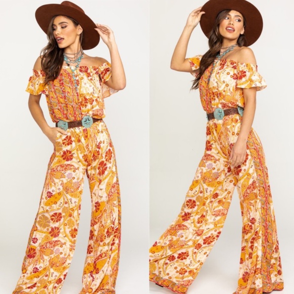 FREE PEOPLE Carmen Off The Shoulder Paisley Floral Print Pockets Jumpsui…